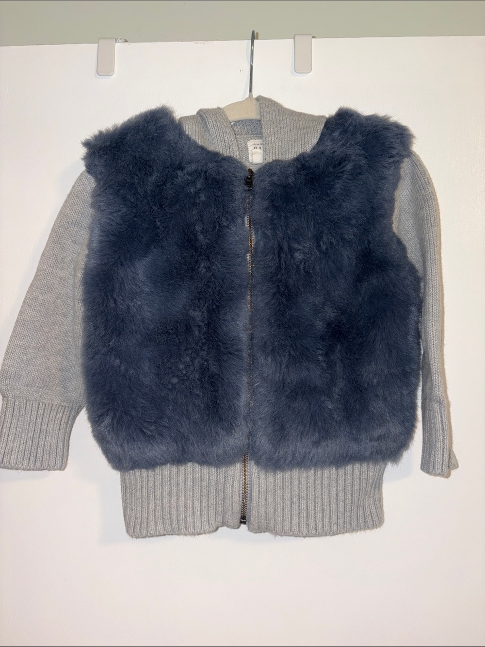 GAP Navy Faux Fur Vest with Light Gray Knit Hoodie